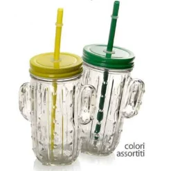 BICCHIERE CON CANNUCCIA COPERCHIO PARTY FESTE FORMA CACTUS IN VETRO 400ML 738135
