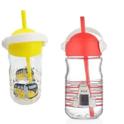 BICCHIERE IN VETRO CON CANNUCCIA BAMBINI CON COPERCHIO E MANICO COLORATO 370 CC