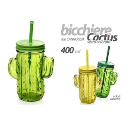 BICCHIERE PARTY CON CANNUCCIA COPERCHIO BIBITE CACTUS VETRO COLORATO 400ML 738142