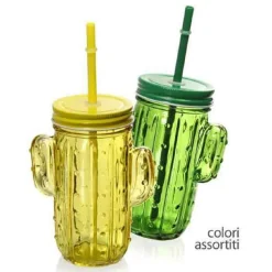 BICCHIERE PARTY CON CANNUCCIA COPERCHIO BIBITE CACTUS VETRO COLORATO 400ML 738142