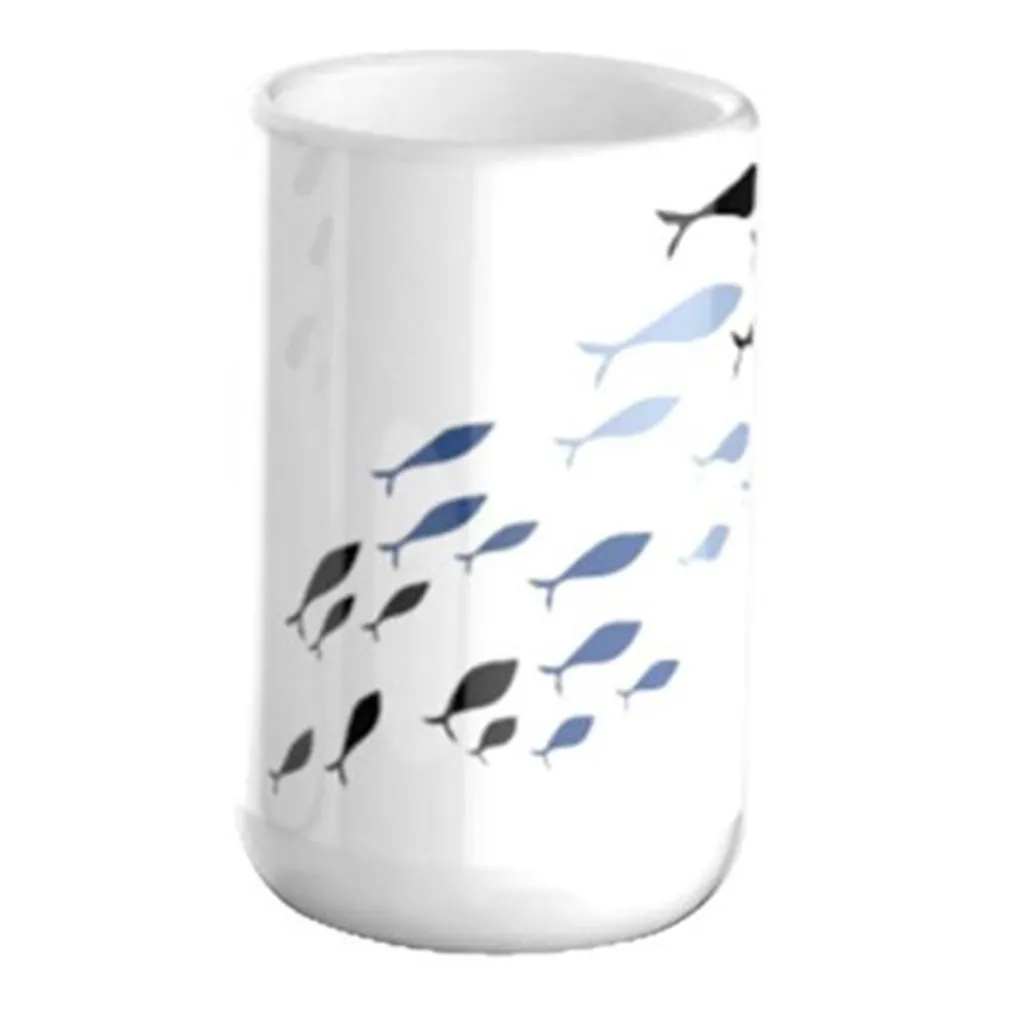 BICCHIERE PORTA SPAZZOLINO BIANCO CON PESCIOLINI IN CERAMICA ARREDO BAGNO 69876