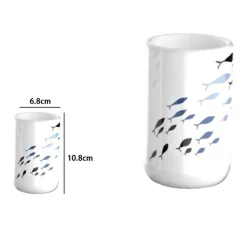 BICCHIERE PORTA SPAZZOLINO BIANCO CON PESCIOLINI IN CERAMICA ARREDO BAGNO 69876