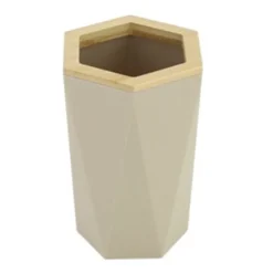BICCHIERE PORTA SPAZZOLINI A CILINDRO ESAGONALE GEOMETRICO BEIGE LEGNO DA BAGNO 10842