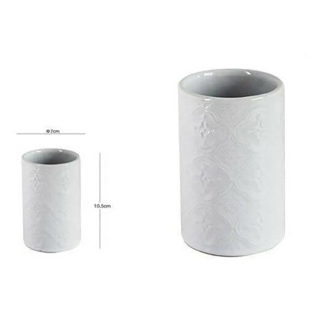 BICCHIERE PORTA SPAZZOLINI DENTIFRICIO BAGNO IN CERAMICA BIANCA DECORATA 10318