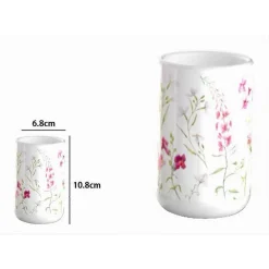 BICCHIERE PORTA SPAZZOLINO BIANCO CON FIORI IN CERAMICA ACCESSORIO BAGNO 69918