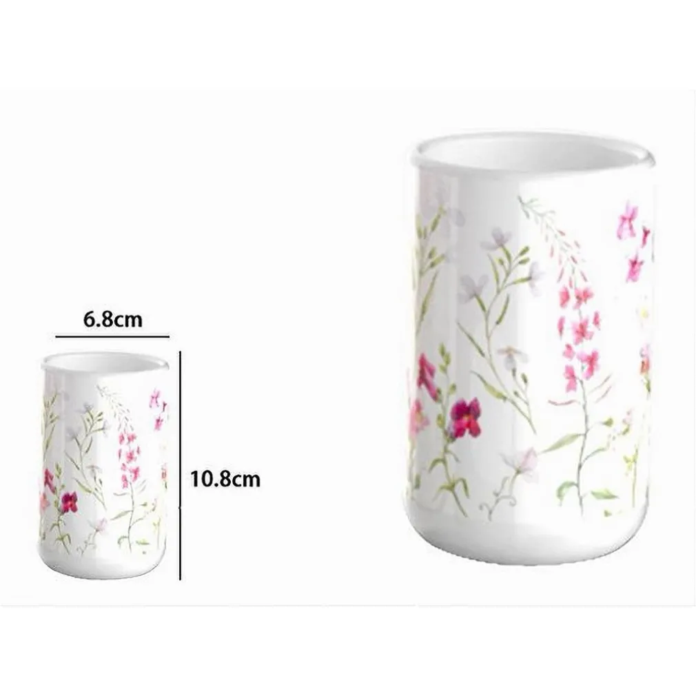 BICCHIERE PORTA SPAZZOLINO BIANCO CON FIORI IN CERAMICA ACCESSORIO BAGNO 69918