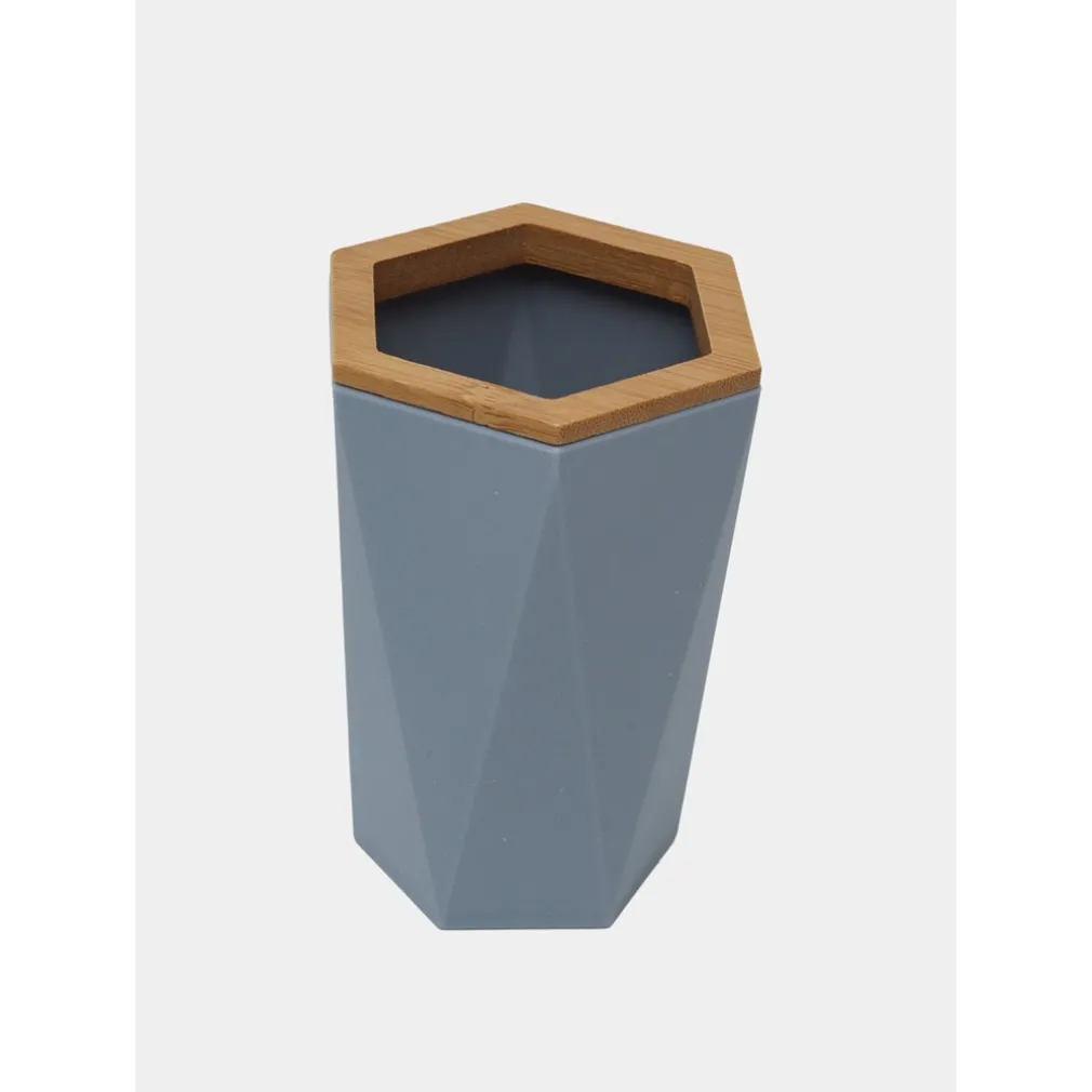 BICCHIERE PORTA SPAZZOLINI A CILINDRO ESAGONALE GEOMETRICO GRIGIO LEGNO DA BAGNO 10847