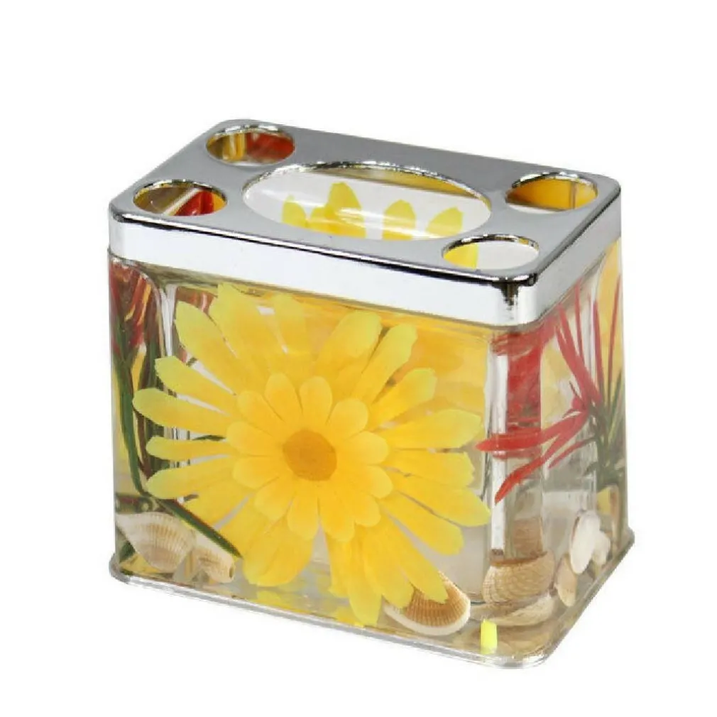 BICCHIERE PORTA SPAZZOLINO DECORAZIONE A FIORI GIALLI ACCESSORIO ARREDO BAGNO