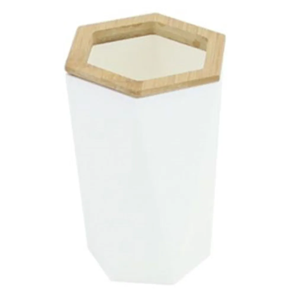 BICCHIERE PORTA SPAZZOLINI A CILINDRO ESAGONALE GEOMETRICO BIANCO LEGNO DA BAGNO 10837