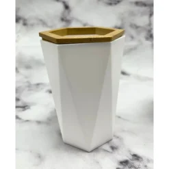 BICCHIERE PORTA SPAZZOLINI A CILINDRO ESAGONALE GEOMETRICO BIANCO LEGNO DA BAGNO 10837