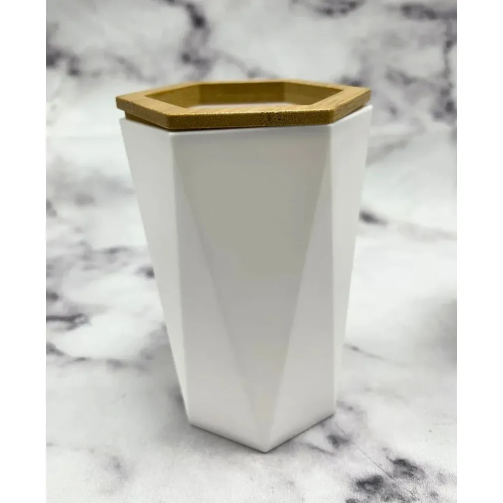 BICCHIERE PORTA SPAZZOLINI A CILINDRO ESAGONALE GEOMETRICO BIANCO LEGNO DA BAGNO 10837