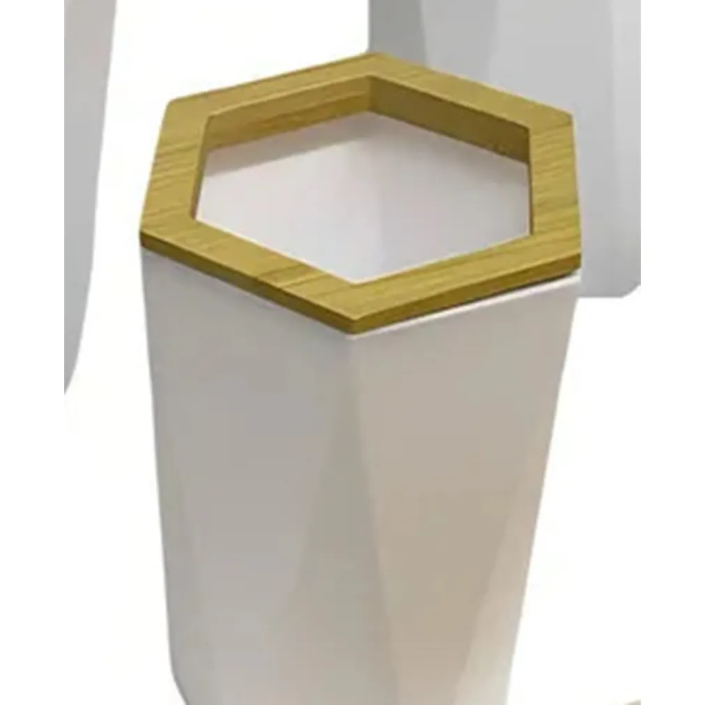 BICCHIERE PORTA SPAZZOLINI A CILINDRO ESAGONALE GEOMETRICO BIANCO LEGNO DA BAGNO 10837