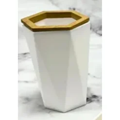 BICCHIERE PORTA SPAZZOLINI A CILINDRO ESAGONALE GEOMETRICO BIANCO LEGNO DA BAGNO 10837