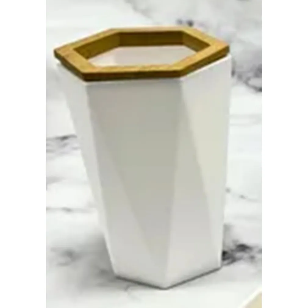 BICCHIERE PORTA SPAZZOLINI A CILINDRO ESAGONALE GEOMETRICO BIANCO LEGNO DA BAGNO 10837