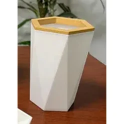 BICCHIERE PORTA SPAZZOLINI A CILINDRO ESAGONALE GEOMETRICO BIANCO LEGNO DA BAGNO 10837