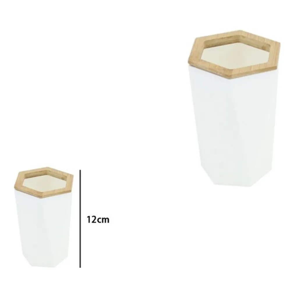 BICCHIERE PORTA SPAZZOLINI A CILINDRO ESAGONALE GEOMETRICO BIANCO LEGNO DA BAGNO 10837