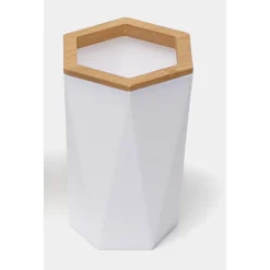 BICCHIERE PORTA SPAZZOLINI A CILINDRO ESAGONALE GEOMETRICO BIANCO LEGNO DA BAGNO 10837