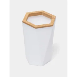 BICCHIERE PORTA SPAZZOLINI A CILINDRO ESAGONALE GEOMETRICO BIANCO LEGNO DA BAGNO 10837