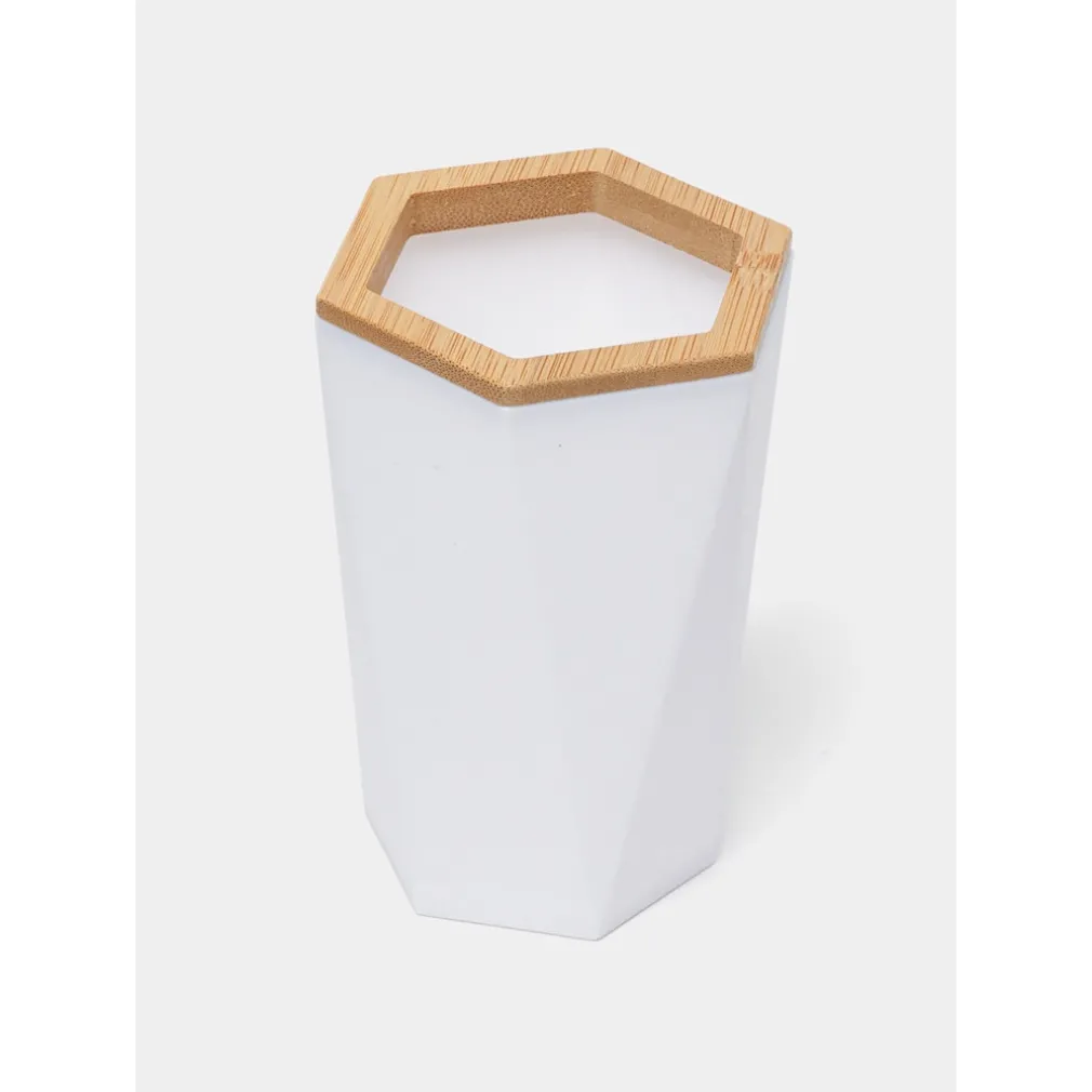 BICCHIERE PORTA SPAZZOLINI A CILINDRO ESAGONALE GEOMETRICO BIANCO LEGNO DA BAGNO 10837