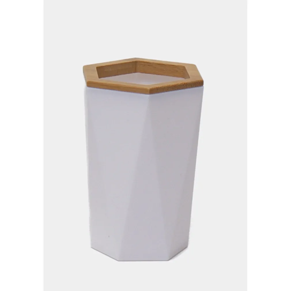 BICCHIERE PORTA SPAZZOLINI A CILINDRO ESAGONALE GEOMETRICO BIANCO LEGNO DA BAGNO 10837