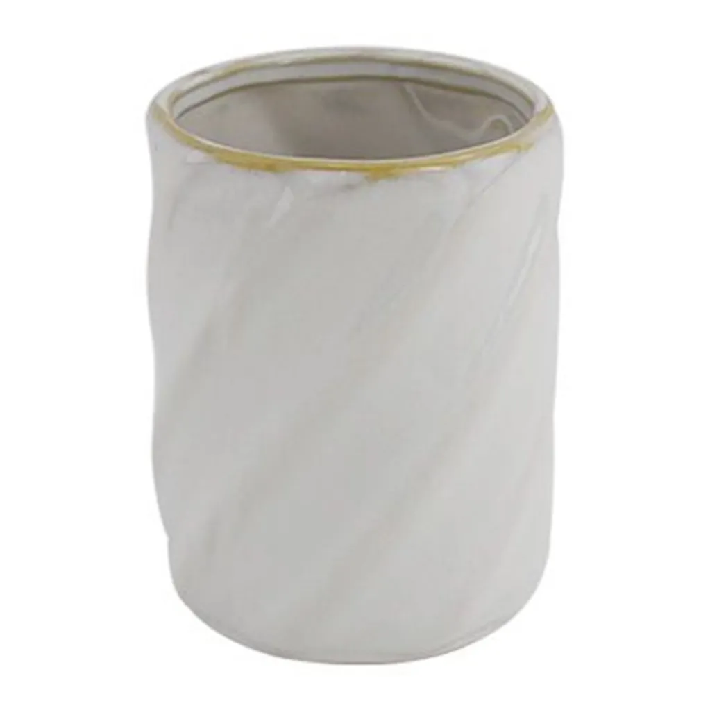 BICCHIERE PORTA SPAZZOLINI CERAMICA RIGATO OBBLIQUO BIANCO BORDO ORO ARREDO BAGNO 87799
