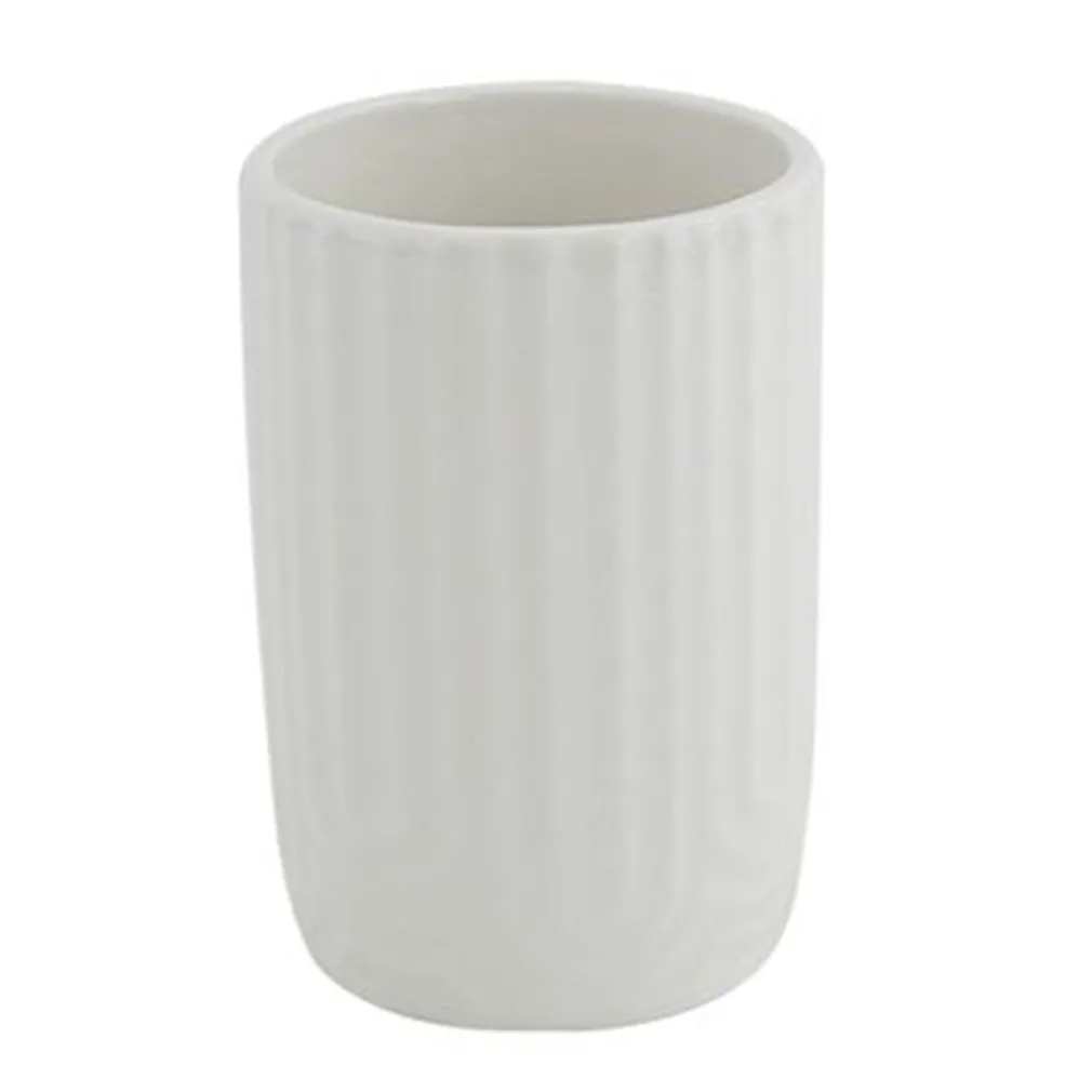 BICCHIERE PORTA SPAZZOLINI DENTIFRICIO ARREDO BAGNO IN CERAMICA RIGATA BIANCA 87803