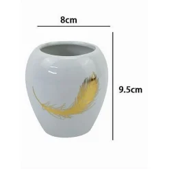 BICCHIERE PORTASPAZZOLINI IN CERAMICA BIANCA CON PIUMA ORO ACCESSORI BAGNO 59895