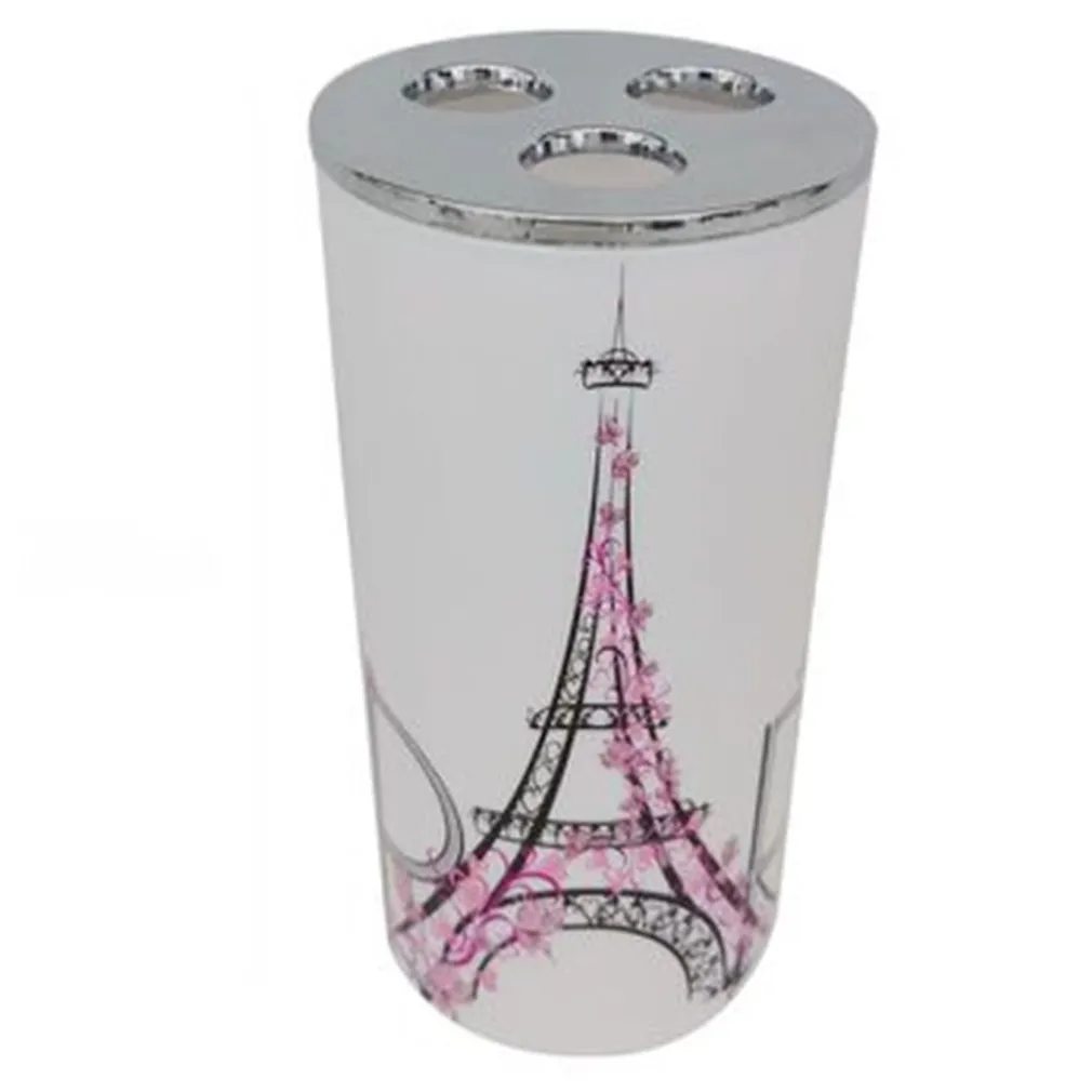 BICCHIERE PORTASPAZZOLINO A 3 FORI DECORATO SCRITTA PARIS ACCESSORIO BAGNO 87041