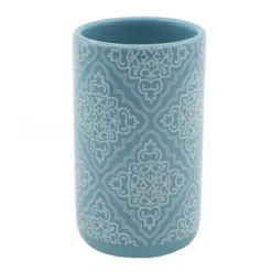BICCHIERE PORTASPAZZOLINO AZZURRO CON MAIOLICHE ACCESSORI BAGNO 6.8X10.8CM 87022