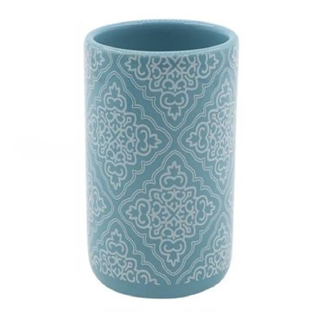 BICCHIERE PORTASPAZZOLINO AZZURRO CON MAIOLICHE ACCESSORI BAGNO 6.8X10.8CM 87022