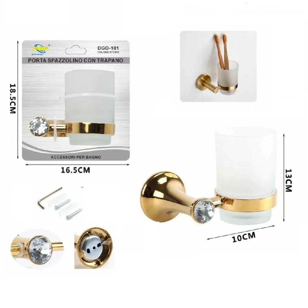 BICCHIERE SUPPORTO BAGNO PORTA SPAZZOLINO DENTI MURO CASA DORATO ORO DGO-101