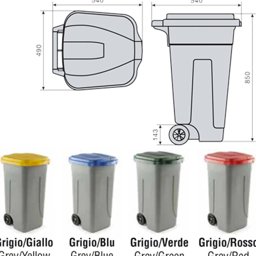 BIDONE RACCOLTA DIFFERENZIATA 100 LITRI CON COPERCHIO COLORATO E RUOTE 1 SOLO PZ