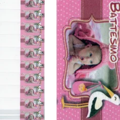 BIGLIETTINI PER BOMBONIERE BATTESIMO BAMBINA ROSA CICOGNA STAMPABILI PRETAGLIATI