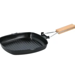 BISTECCHIERA ANTIADERENTE PIASTRA GRIGLIA CON MANICO PIEGHEVOLE IN LEGNO 24X24CM