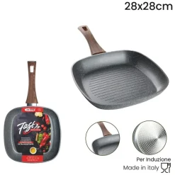 BISTECCHIERA QUADRATA ANTIADERENTE ANTIGRAFFIO PER INDUZIONE MANICO LEGNO DA 24X24/28X28CM