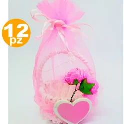 BOMBONIERA CESTINO ROSA CUORE SACCHETTO ORGANZA PORTACONFETTI NASCITA BATTESIMO