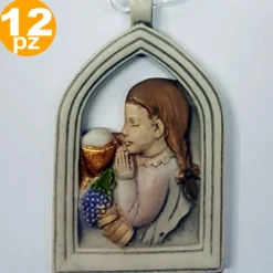 BOMBONIERA COMUNIONE BAMBINA ARCO EUCARESTIA CALICE BIANCO CERAMICA APPENDINO