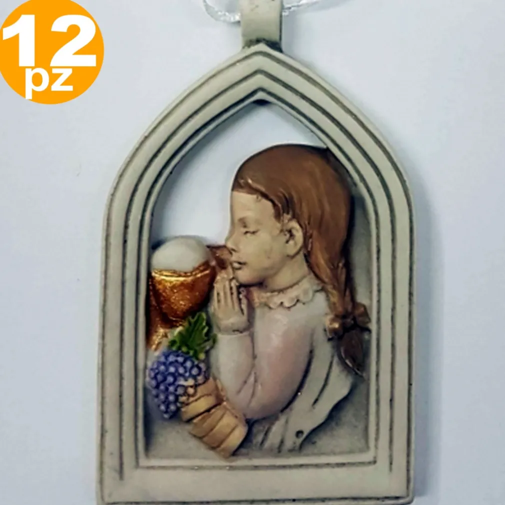 BOMBONIERA COMUNIONE BAMBINA ARCO EUCARESTIA CALICE BIANCO CERAMICA APPENDINO