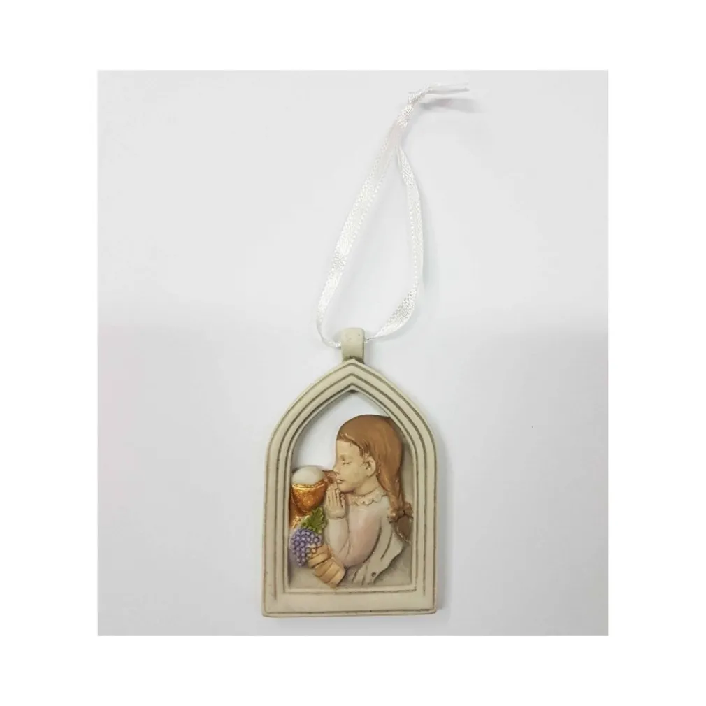 BOMBONIERA COMUNIONE BAMBINA ARCO EUCARESTIA CALICE BIANCO CERAMICA APPENDINO