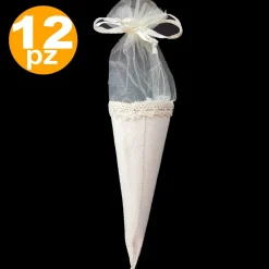 BOMBONIERA CONI BIANCO AVORIO TESSUTO SACCHETTO PORTA CONFETTI RISO MATRIMONIO