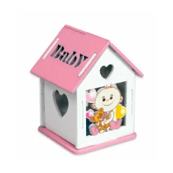 BOMBONIERA IN LEGNO CASETTA CON TETTO APRIBILE PER NASCITA BATTESIMO BIMBA ROSA