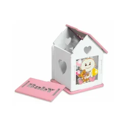 BOMBONIERA IN LEGNO CASETTA CON TETTO APRIBILE PER NASCITA BATTESIMO BIMBA ROSA
