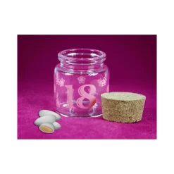 BOMBONIERA PER 18 ANNI DICIOTTESIMO COMPLEANNO BARATTOLO IN VETRO TAPPO SUGHERO
