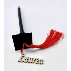 BOMBONIERA PER FESTA LAUREA PENNA A SFERA NERA CON APPLICAZIONE IN LEGNO TOCCO