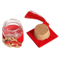 BOMBONIERA PORTACONFETTI PER FESTA DI LAUREA CON TOCCO ROSSO IN VETRO E SUGHERO