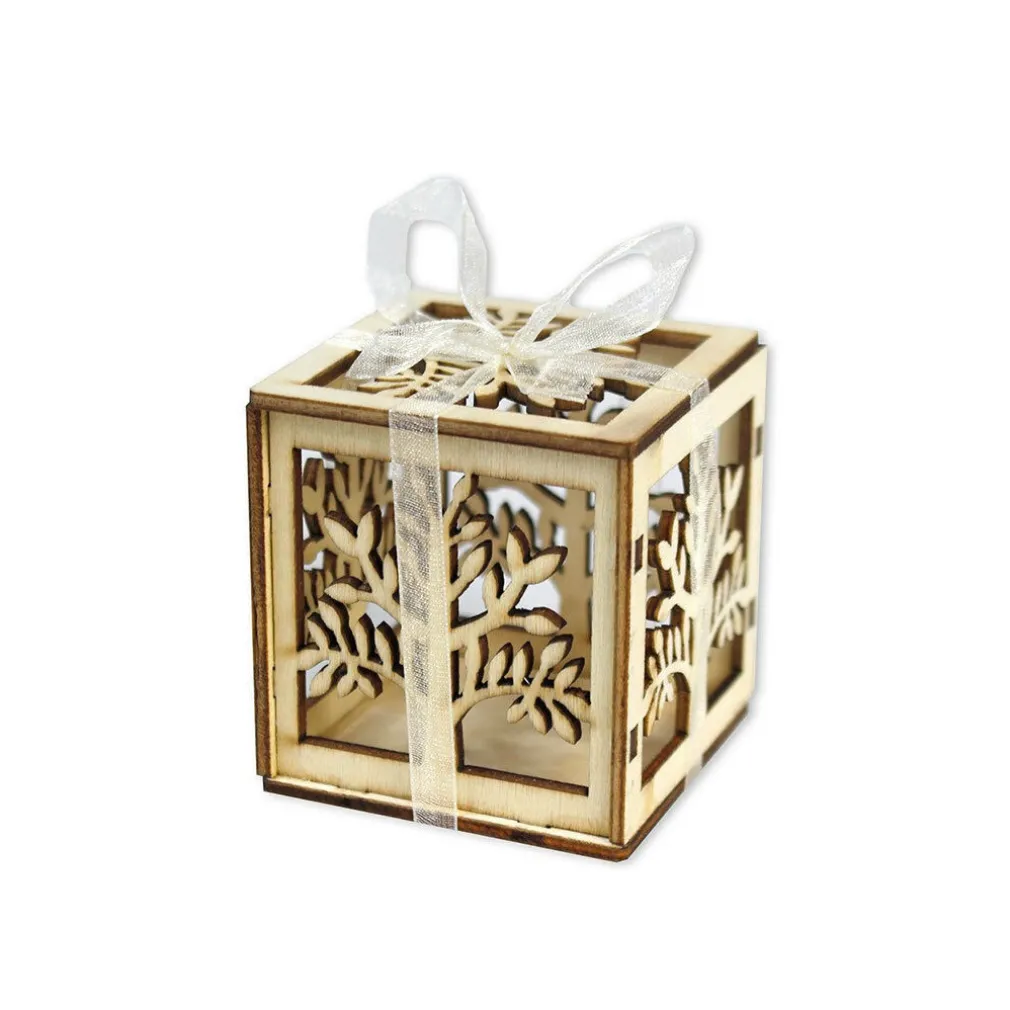 BOMBONIERA X MATRIMONIO CUBO IN LEGNO ALBERO DELLA VITA STILIZZATO LEGNO CHIARO