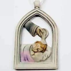 BOMBONIERE BATTESIMO BAMBINA ARCO SIMBOLO SACRO ACQUA SANTA CERAMICA APPENDINO