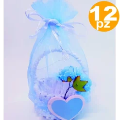 BOMBONIERE CESTINO AZZURRO CUORE SACCHETTO ORGANZA CONFETTI NASCITA BATTESIMO