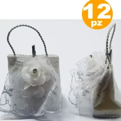 BOMBONIERE SACCHETTO BUSTINA BIANCO FIORE GLITTER PORTA CONFETTI X MATRIMONIO