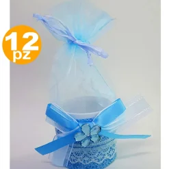 BOMBONIERE SCATOLA AZZURRA FIORE SACCHETTO ORGANZA PORTACONFETTI NASCITA BATTESIMO